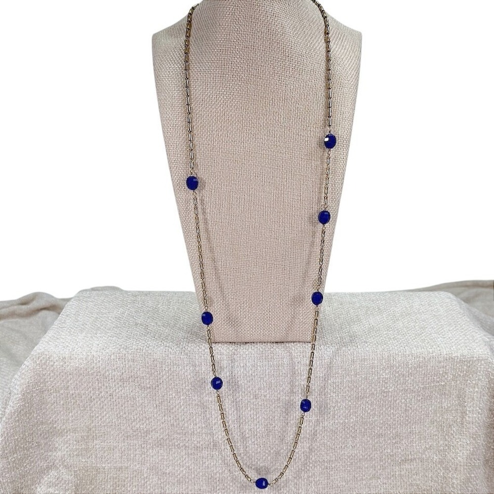 J.Crew Long Station Necklace Blue Faceted Bead Gold Tone‎ Chain 34"